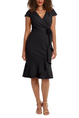 London Times V-Neck Cap Sleeve Wrap with Cascade Ruffle with Rosette Sheath Dress