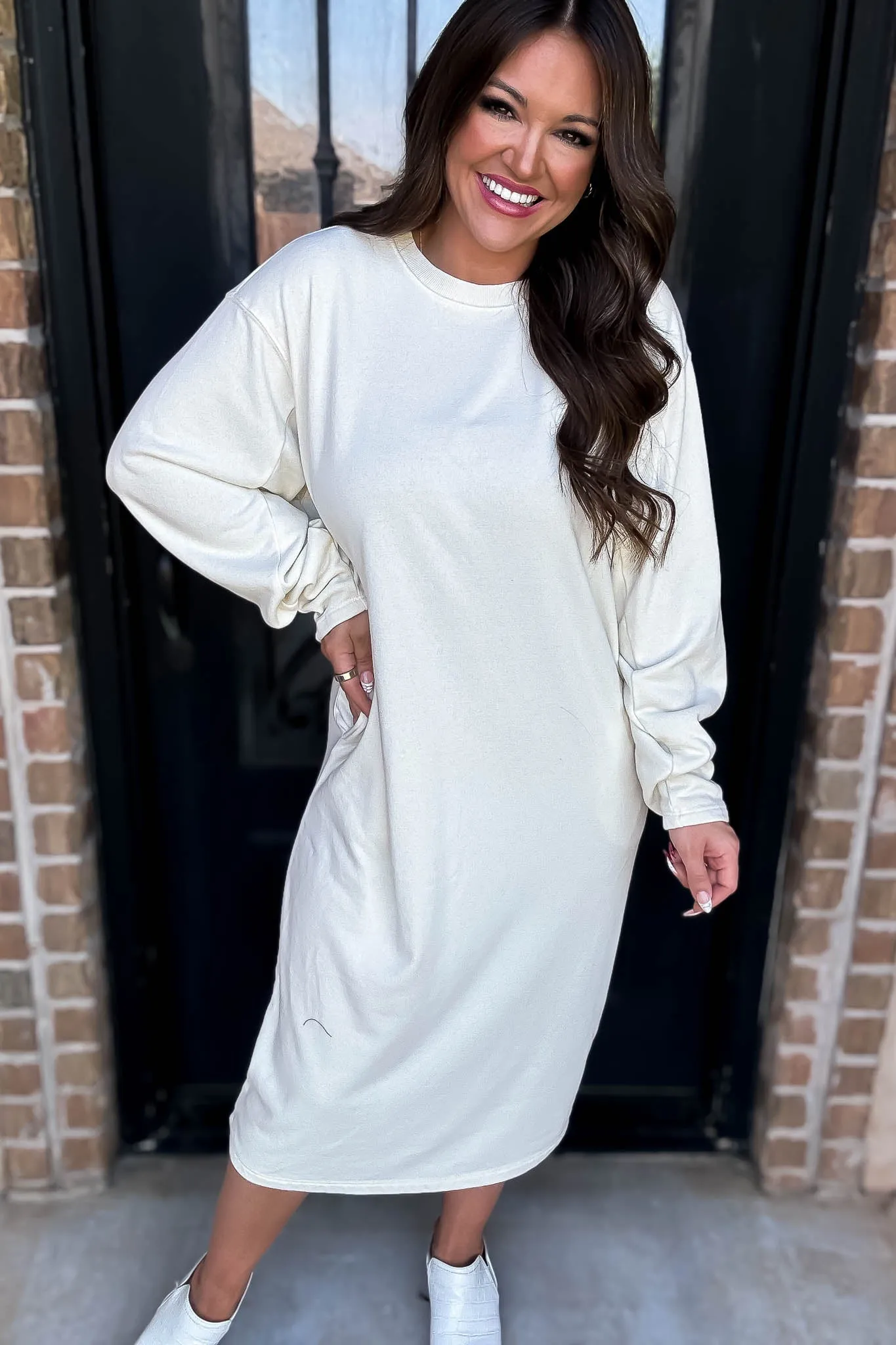 Long Sleeve Ivory Midi Sweatshirt Dress