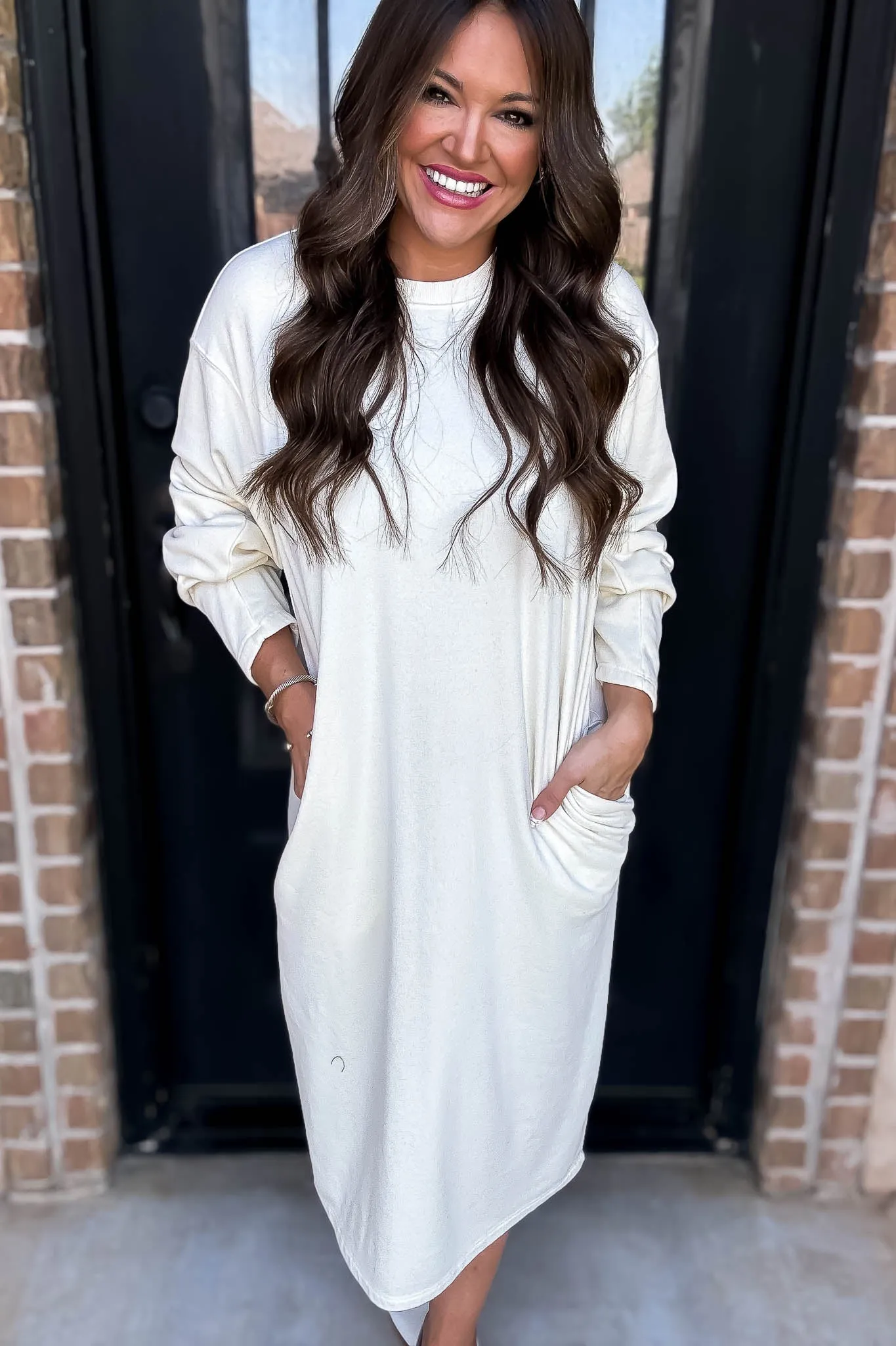 Long Sleeve Ivory Midi Sweatshirt Dress