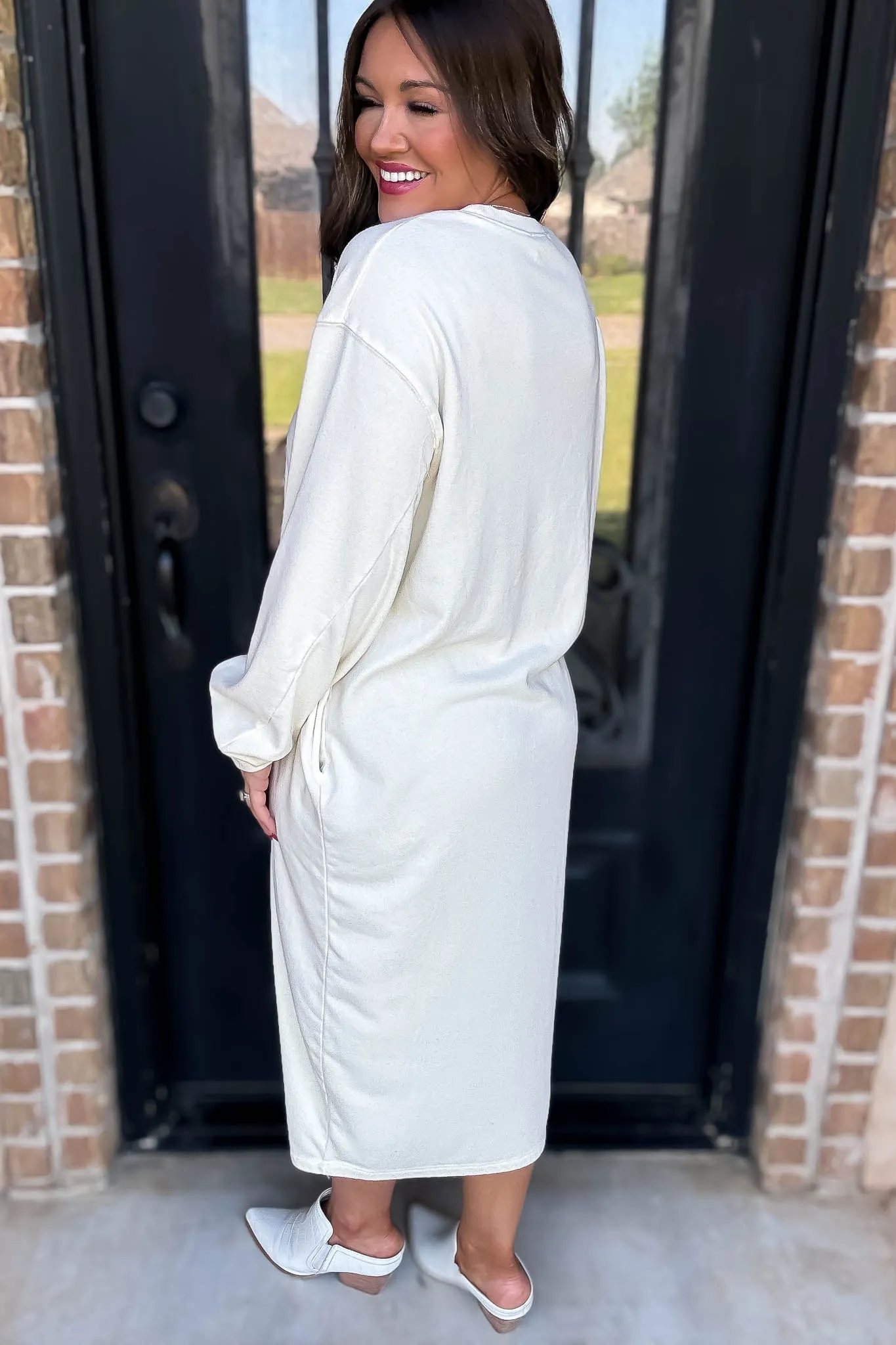 Long Sleeve Ivory Midi Sweatshirt Dress