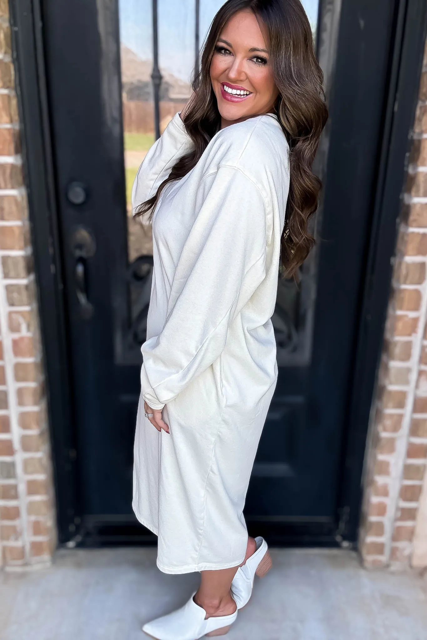 Long Sleeve Ivory Midi Sweatshirt Dress