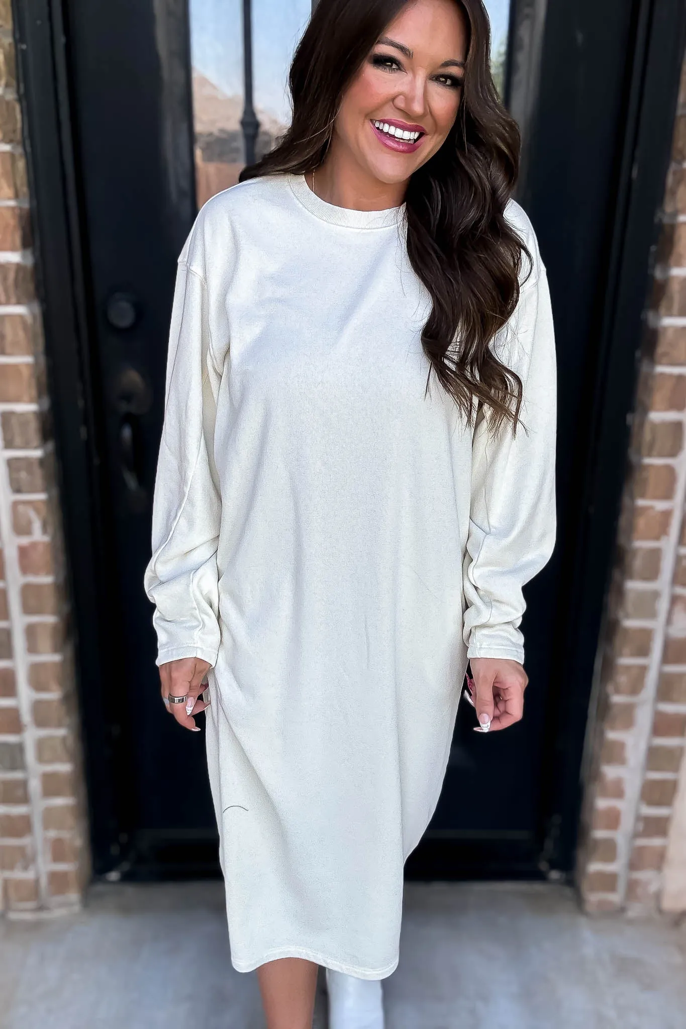 Long Sleeve Ivory Midi Sweatshirt Dress