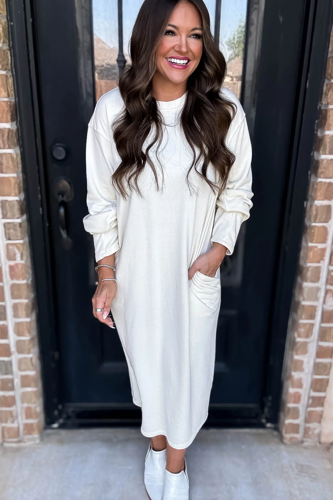 Long Sleeve Ivory Midi Sweatshirt Dress