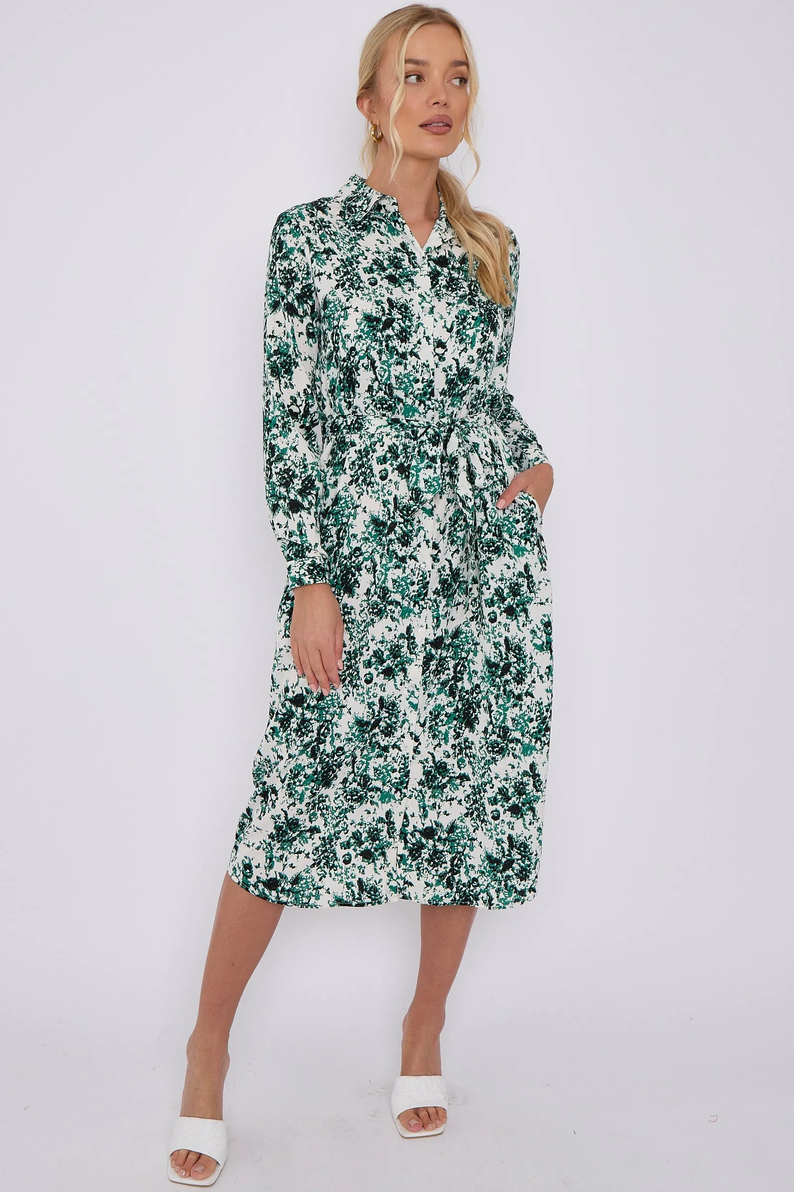 LOVE SUNSHINE Green Tie Dye Print Long Sleeve Midi Shirt Dress