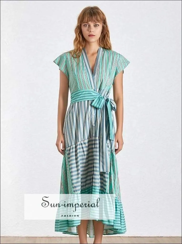 Lyric Dress- Summer Striped Women Dress V Neck Short Sleeve High Waist Asymmetrical Dresses