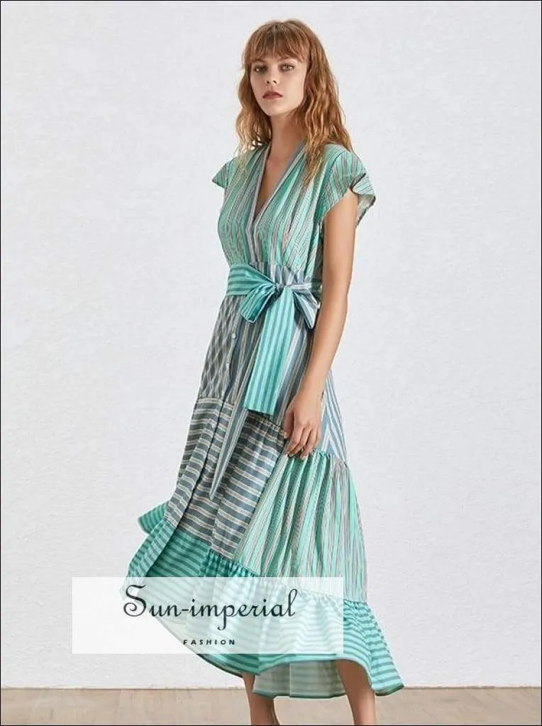 Lyric Dress- Summer Striped Women Dress V Neck Short Sleeve High Waist Asymmetrical Dresses