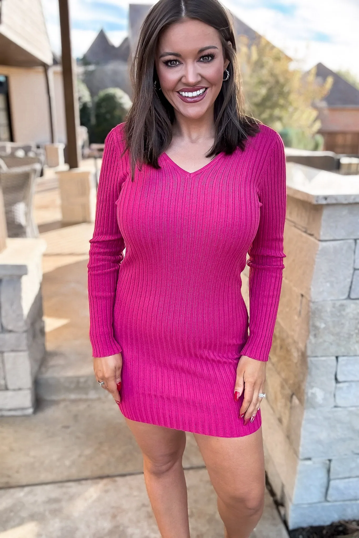 Make It Better Magenta Long Sleeve Double V-Neck Sweater Mini Dress