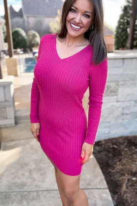 Make It Better Magenta Long Sleeve Double V-Neck Sweater Mini Dress