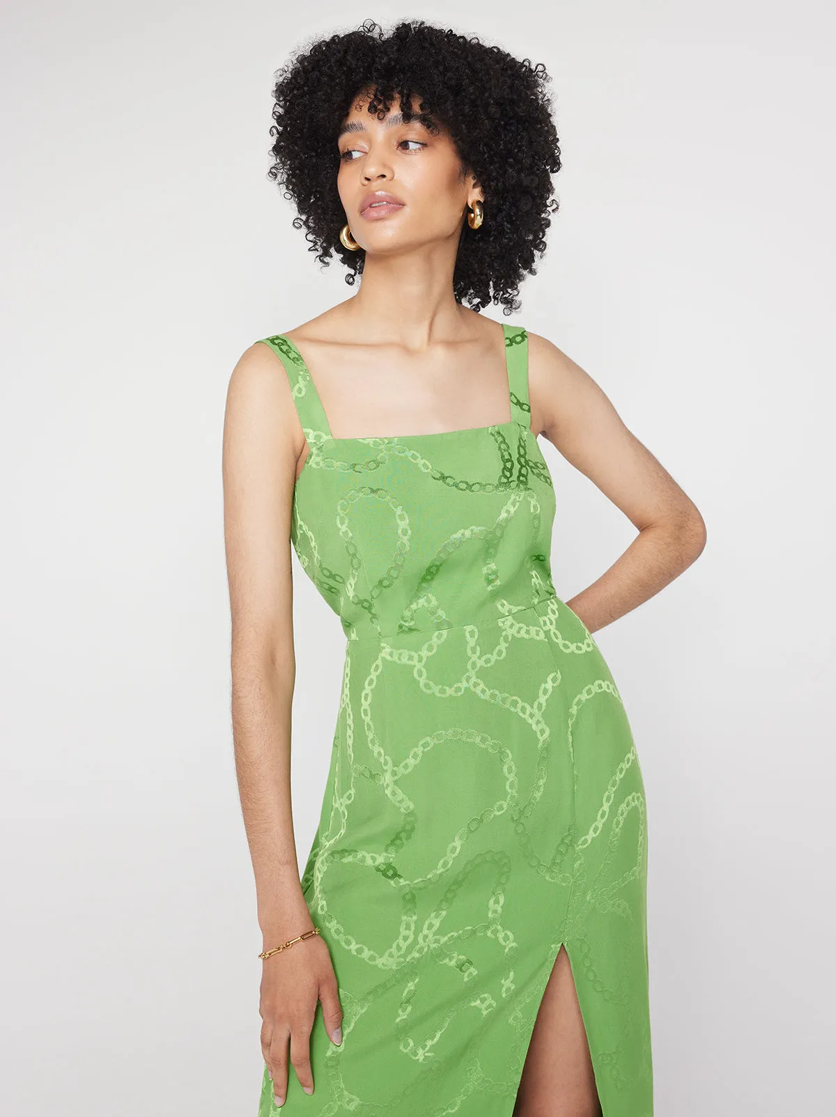 Mara Green Chain Jacquard Midi Dress