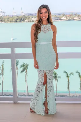 Mint High Neck Lace Maxi Dress