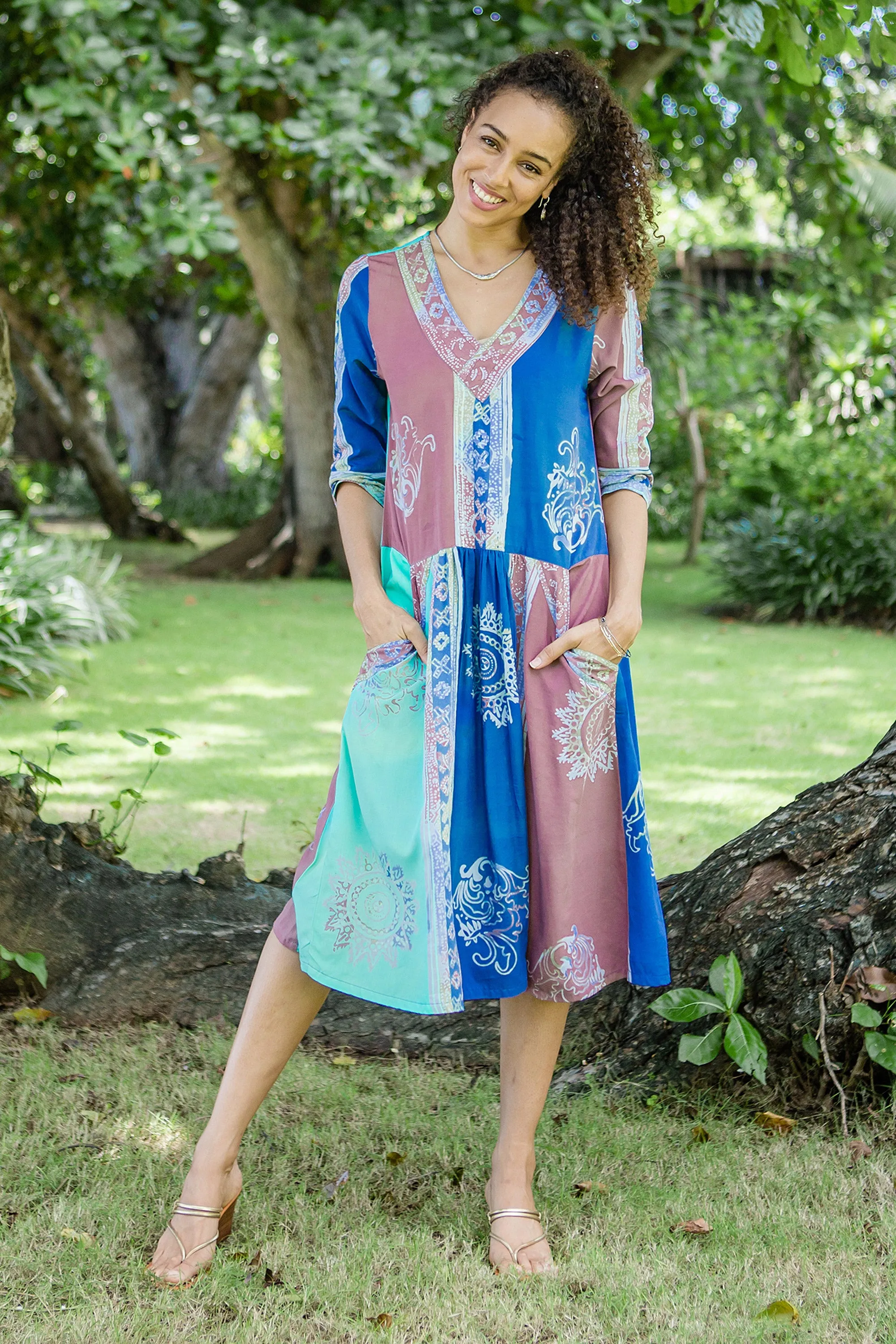 Multicolored Batik Dress from Bali - Pandawa Sunset | NOVICA