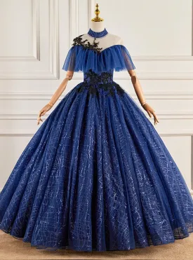 Navy Blue Sequins High Neck Appliques Beading Quinceanera Dress