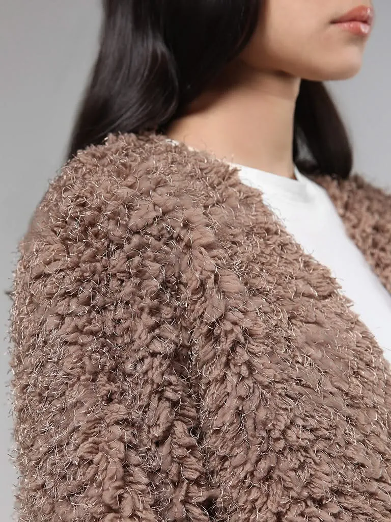 Nuon Brown Plush Fur Crop Cardigan