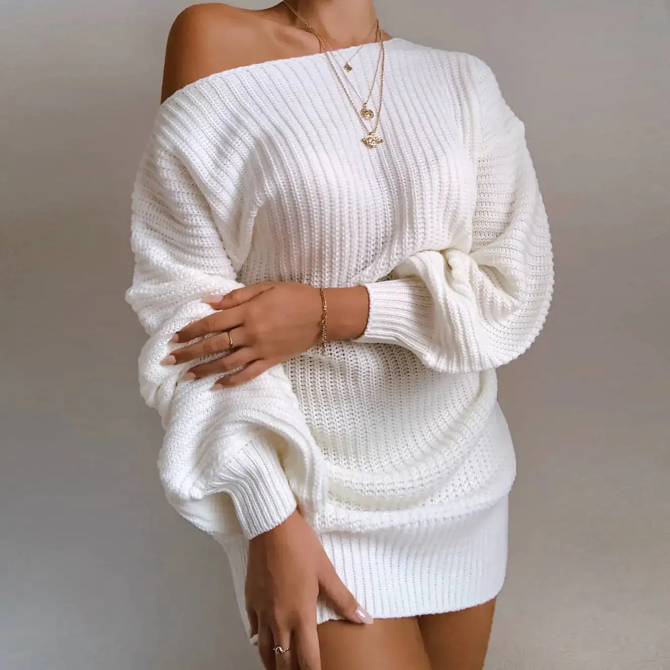 Off-Shoulder Women's Knitted Sweater Dress^