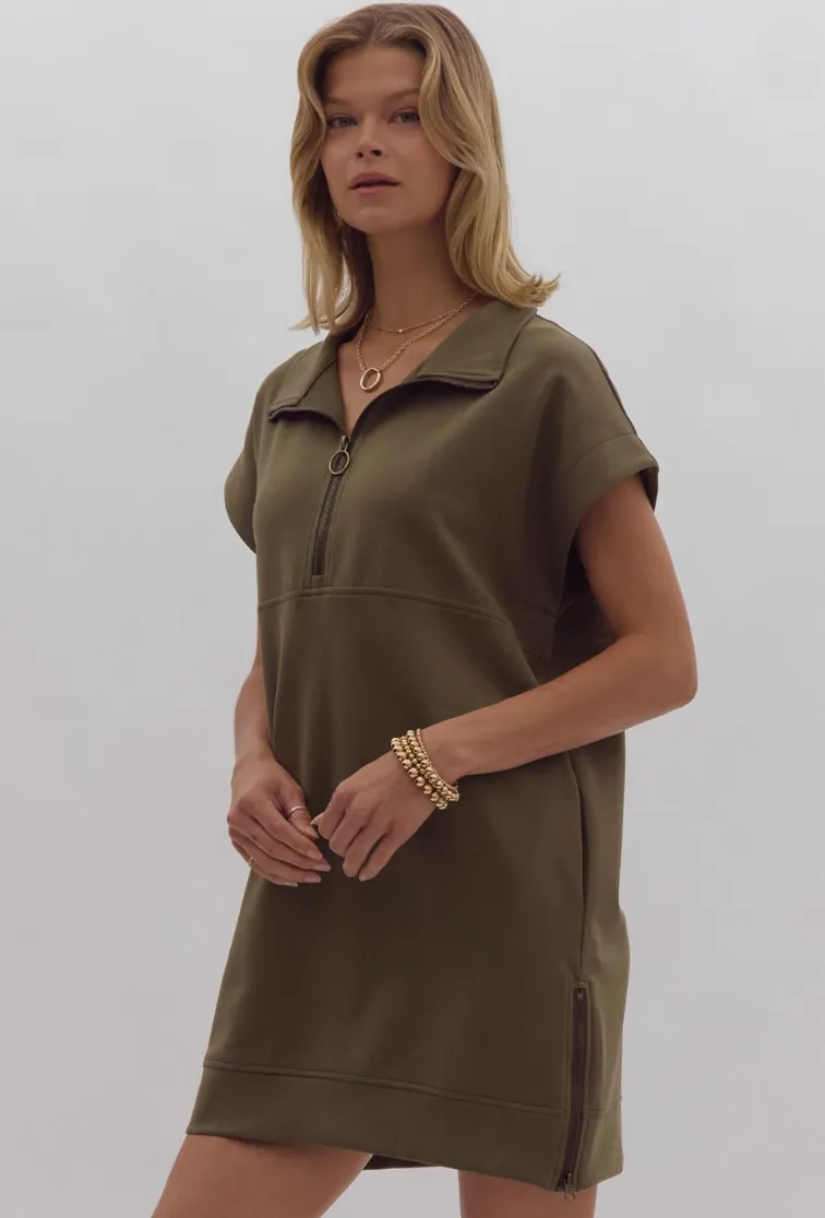 Olive Short Sleeve Sweatshirt Mini Dress