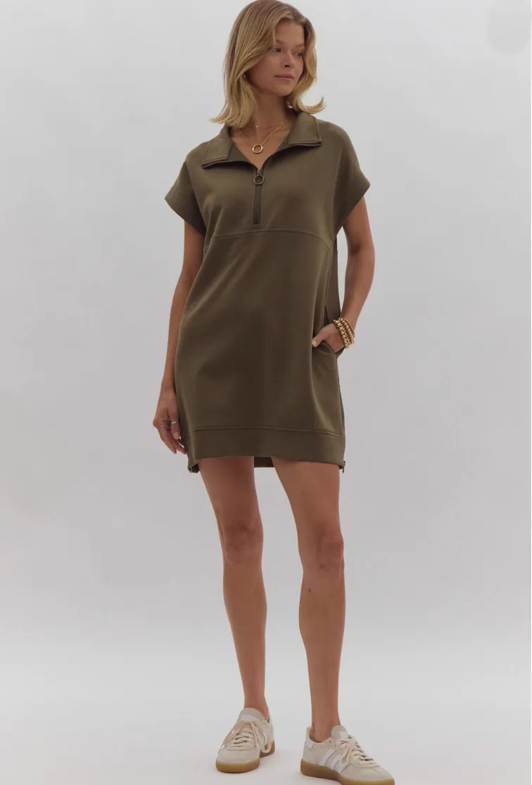 Olive Short Sleeve Sweatshirt Mini Dress