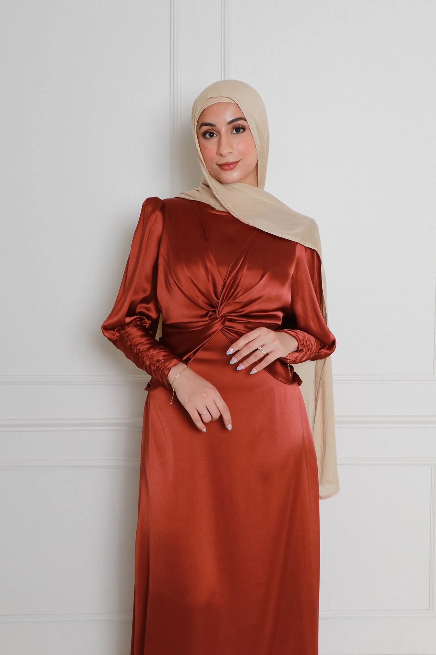 Olivia Wrap Satin Dress- Burnt Orange