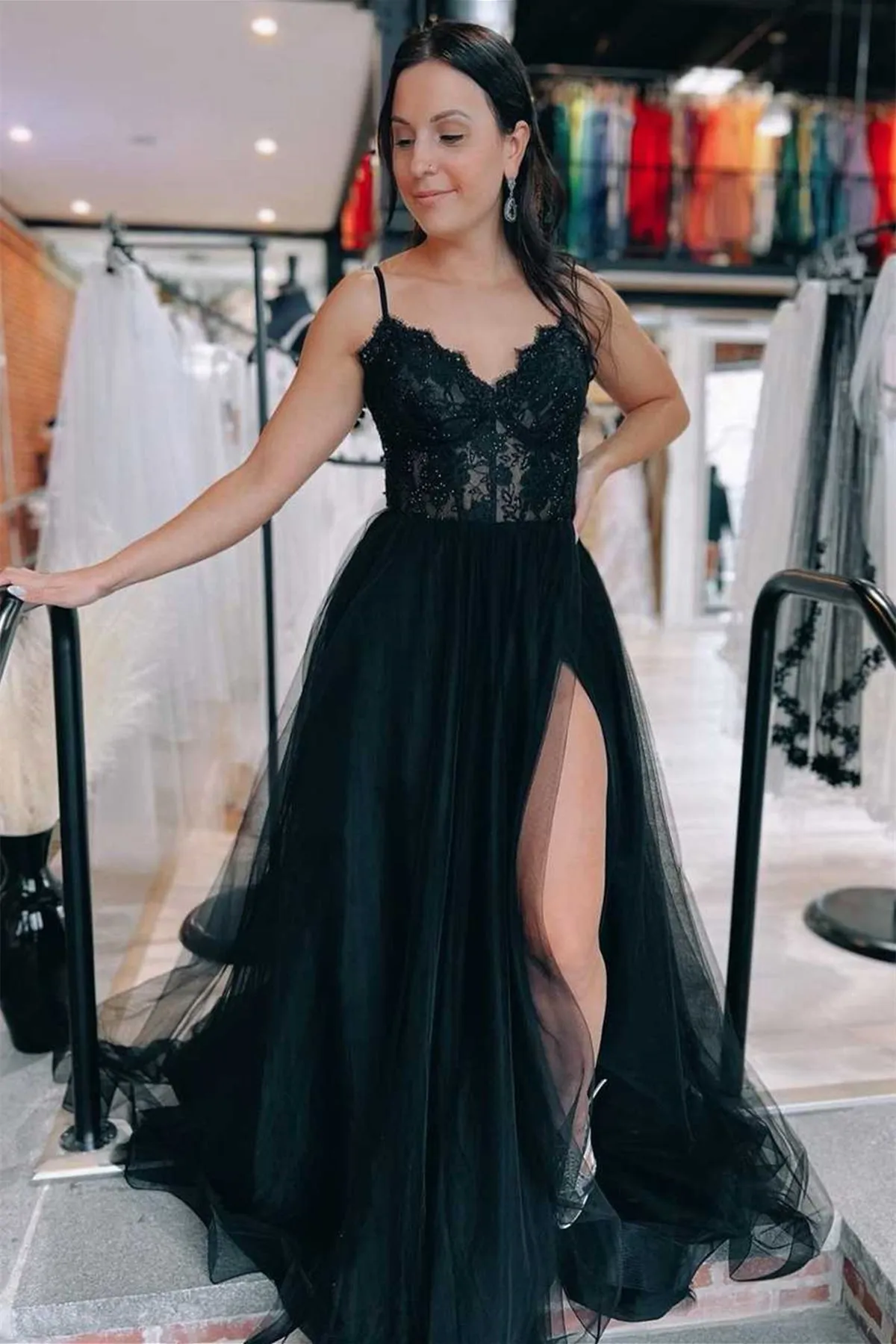 Open Back V Neck Black Lace Top Long Prom Dress with High Slit, Black Lace Formal Graduation Evening Dress A1786