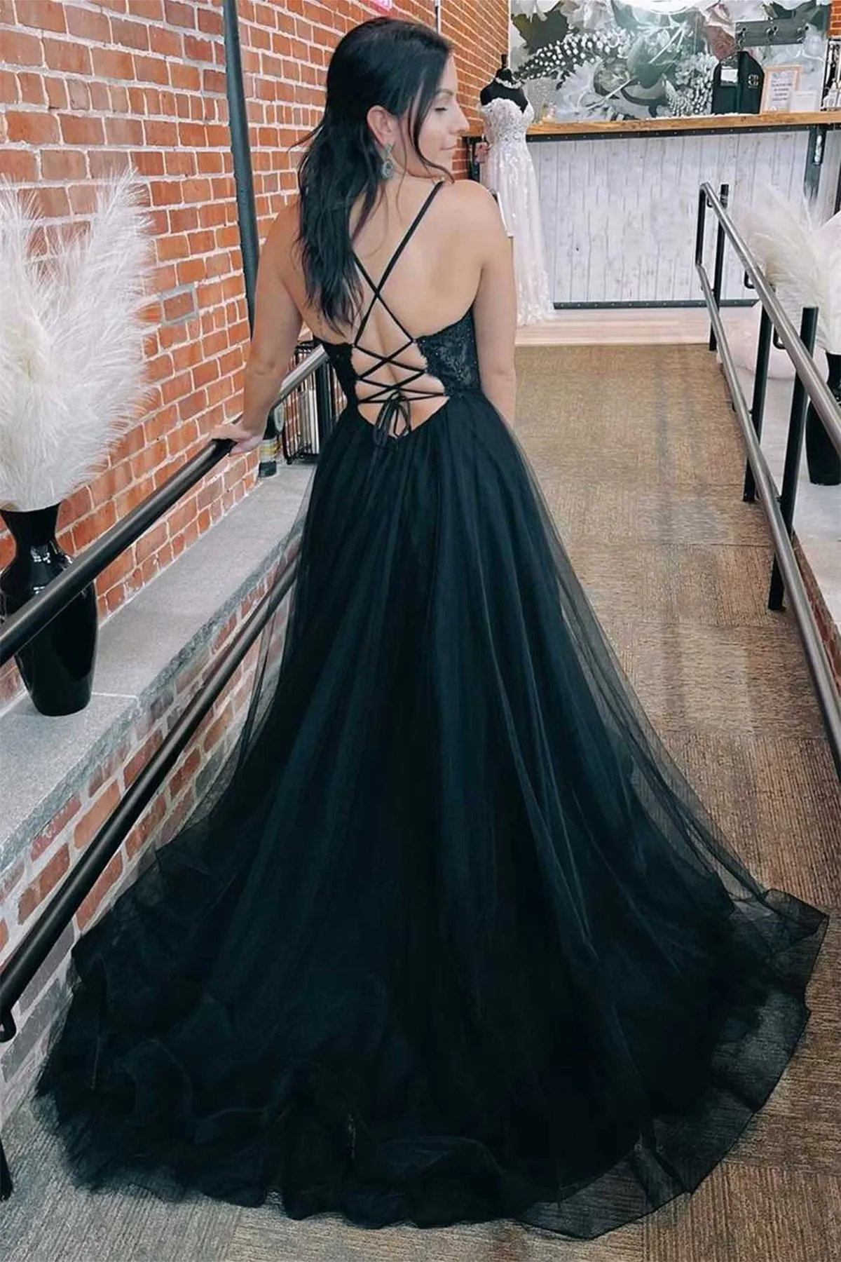 Open Back V Neck Black Lace Top Long Prom Dress with High Slit, Black Lace Formal Graduation Evening Dress A1786