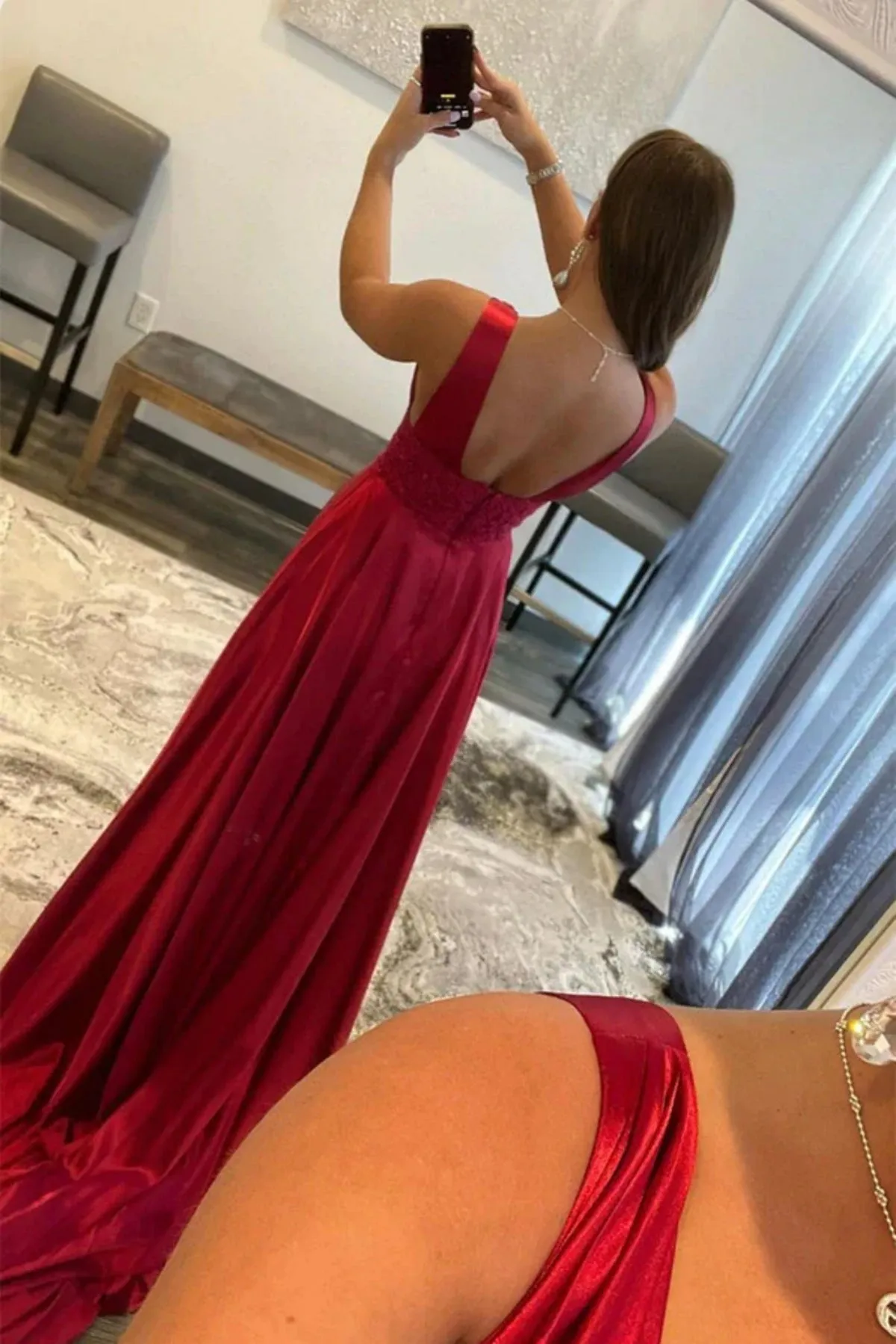 Open Back V Neck Burgundy Long Prom Dresses with High Slit, V Neck Burgundy Formal Graduation Evening Dresses