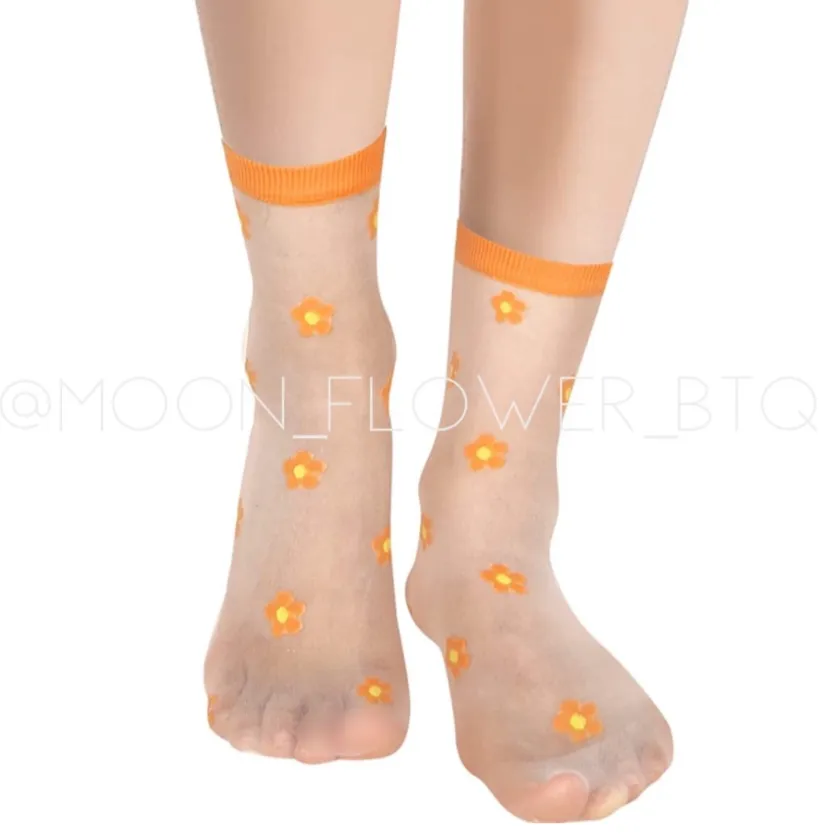 Orange Trendy Summer Floral Mesh Daisy Flower Socks