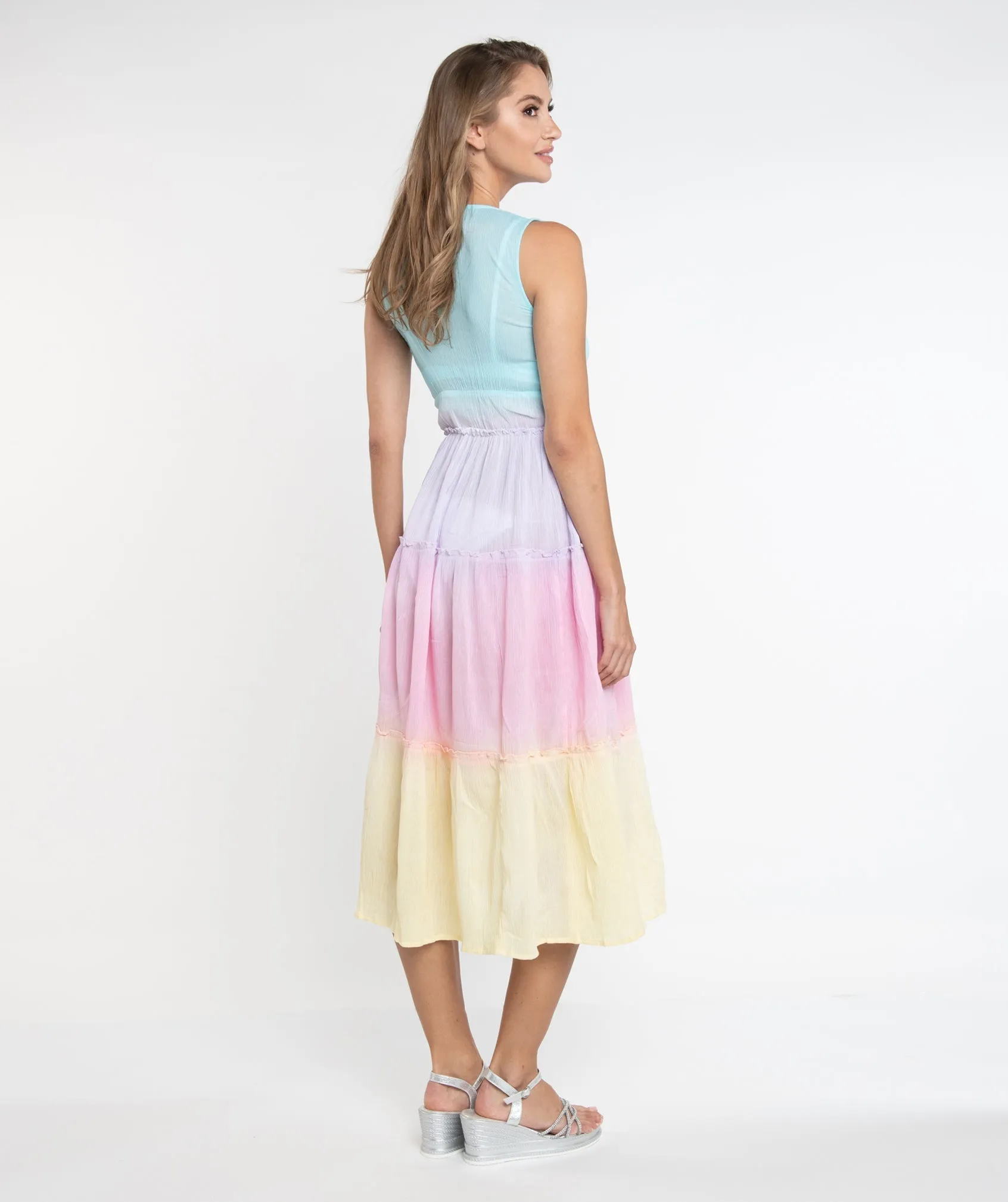 Pastel Crinkle Maxi Dress with Rainbow Ombre Print