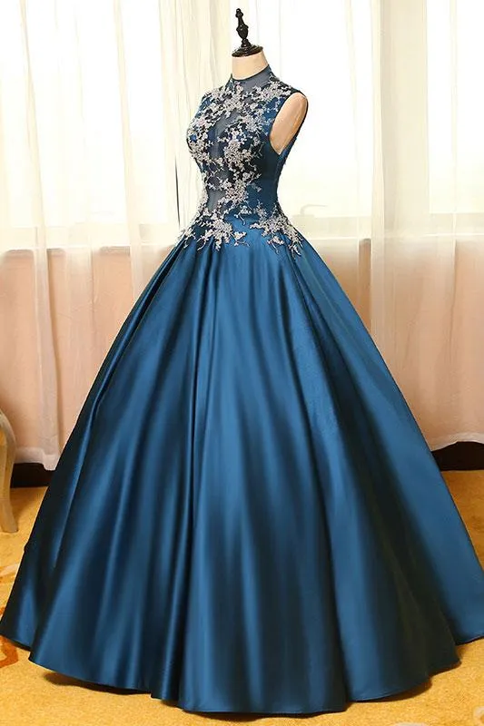 Peacock Blue Satin High Neck Prom Dress With Lace Appliques