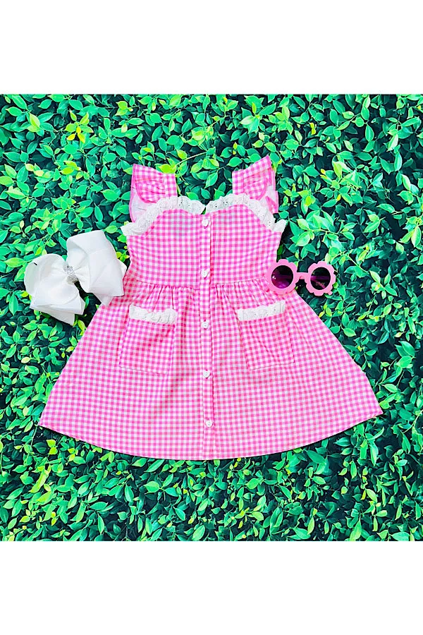 Pink & white checker print lace & pockets button up dress