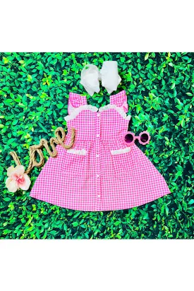 Pink & white checker print lace & pockets button up dress