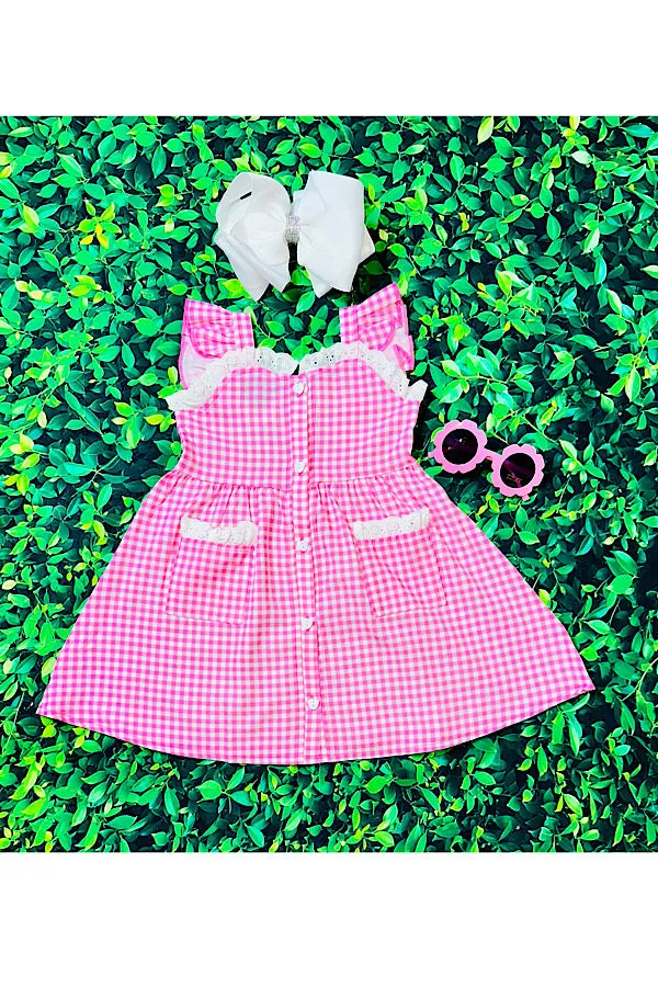 Pink & white checker print lace & pockets button up dress