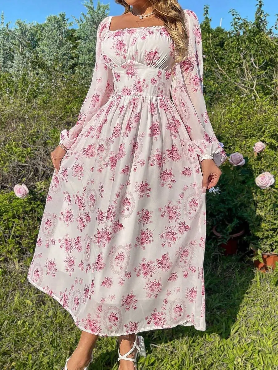 Pink Floral Lantern Sleeve Pleated Dress