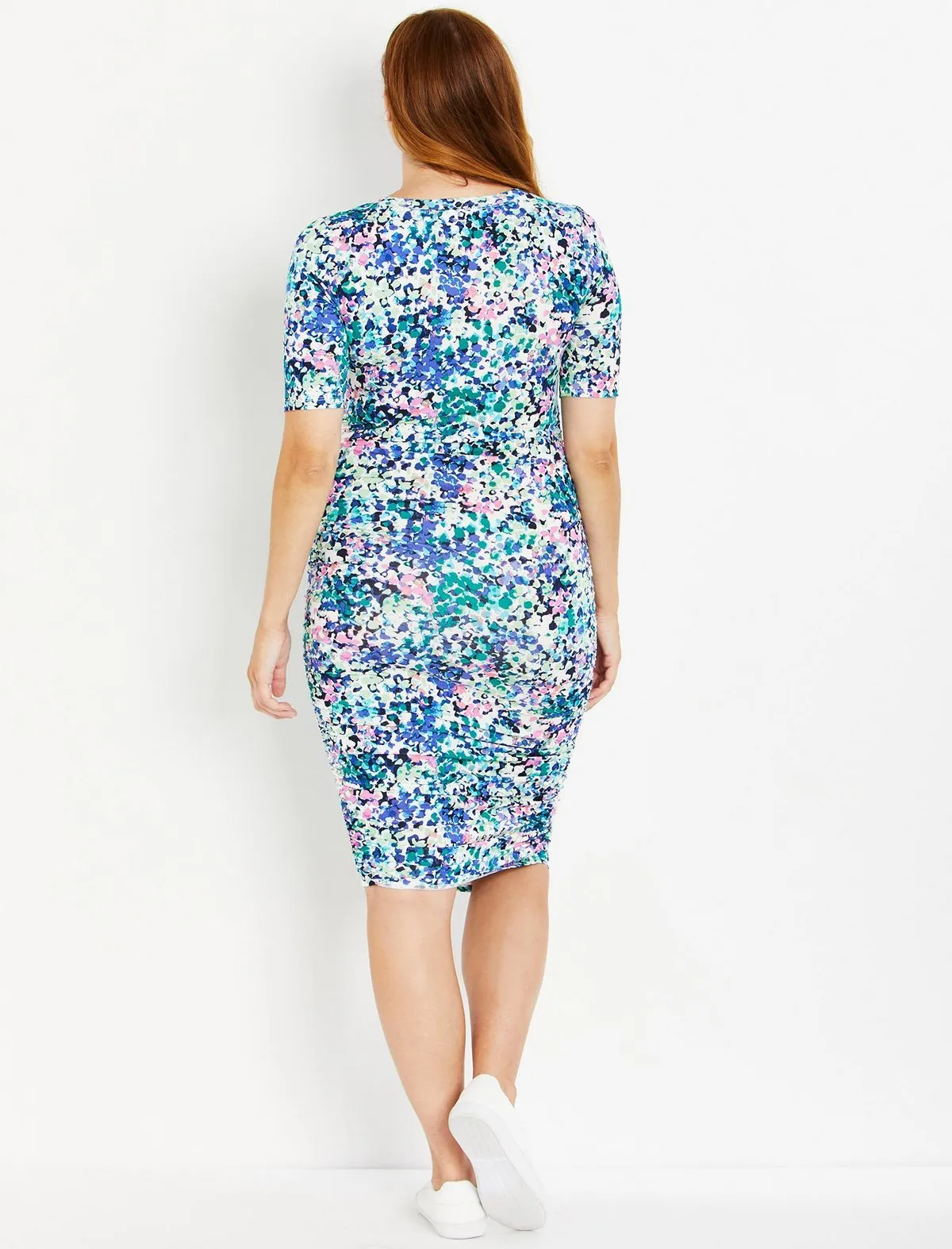 Printed Side Ruched Maternity Dress in Blue Floral