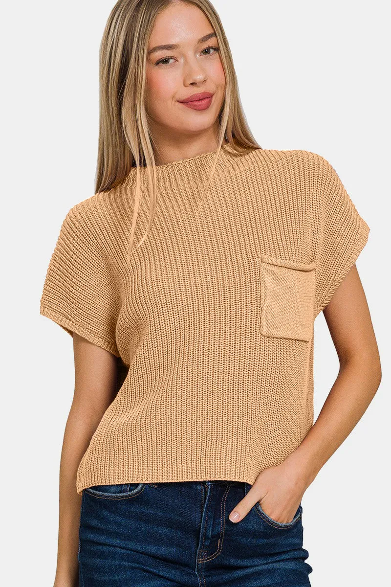 Queen - Mock Neck Short Sleeve Cropped Sweater - Tan - Exclusively Online