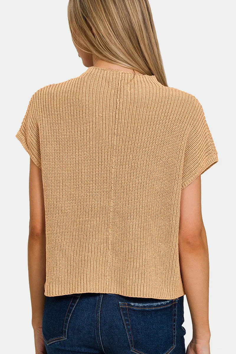 Queen - Mock Neck Short Sleeve Cropped Sweater - Tan - Exclusively Online