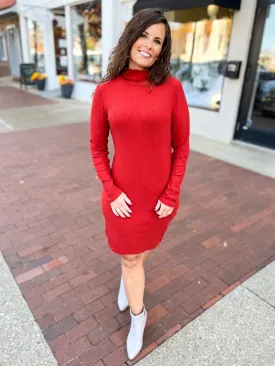 Red Ribbed High Neck Dress