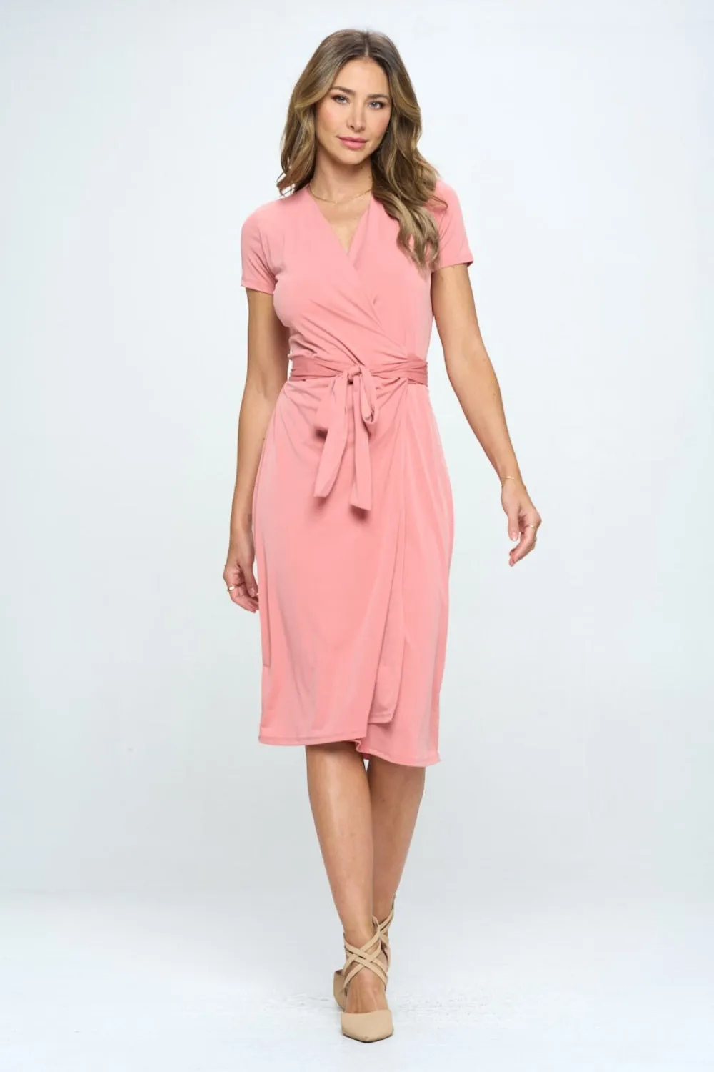 RENEE C Tie Front Surplice Short Sleeve Dress