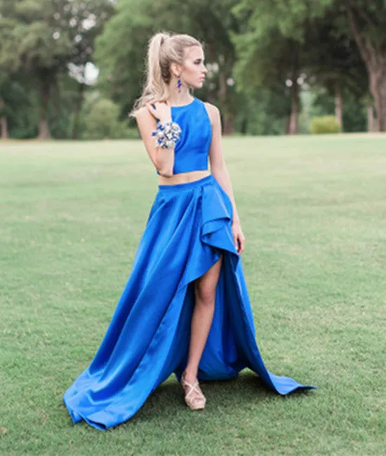 Round Neck 2 Pieces High Low Royal Blue Satin Long Prom Dress, Royal Blue Formal Dress, Graduation Dresses