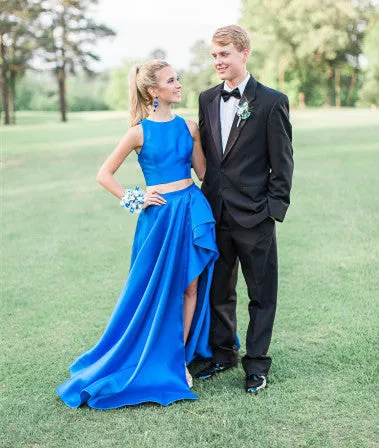 Round Neck 2 Pieces High Low Royal Blue Satin Long Prom Dress, Royal Blue Formal Dress, Graduation Dresses