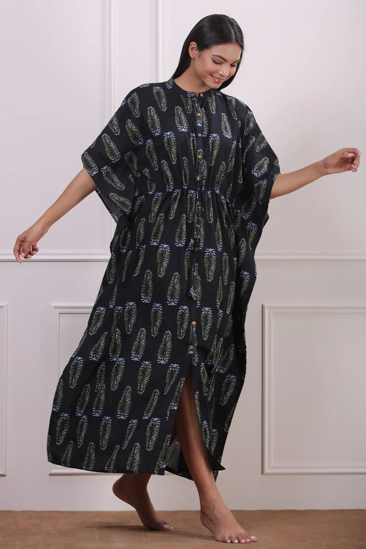 Royal Motifs on Black Front Buttoned Kaftan