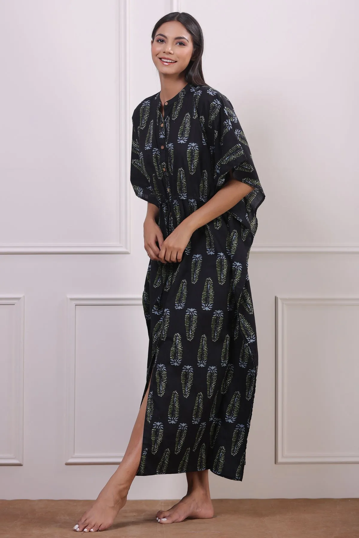 Royal Motifs on Black Front Buttoned Kaftan