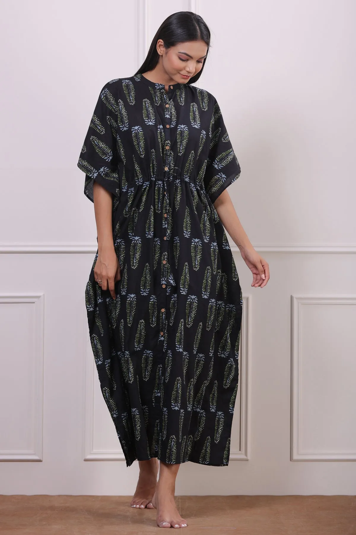 Royal Motifs on Black Front Buttoned Kaftan