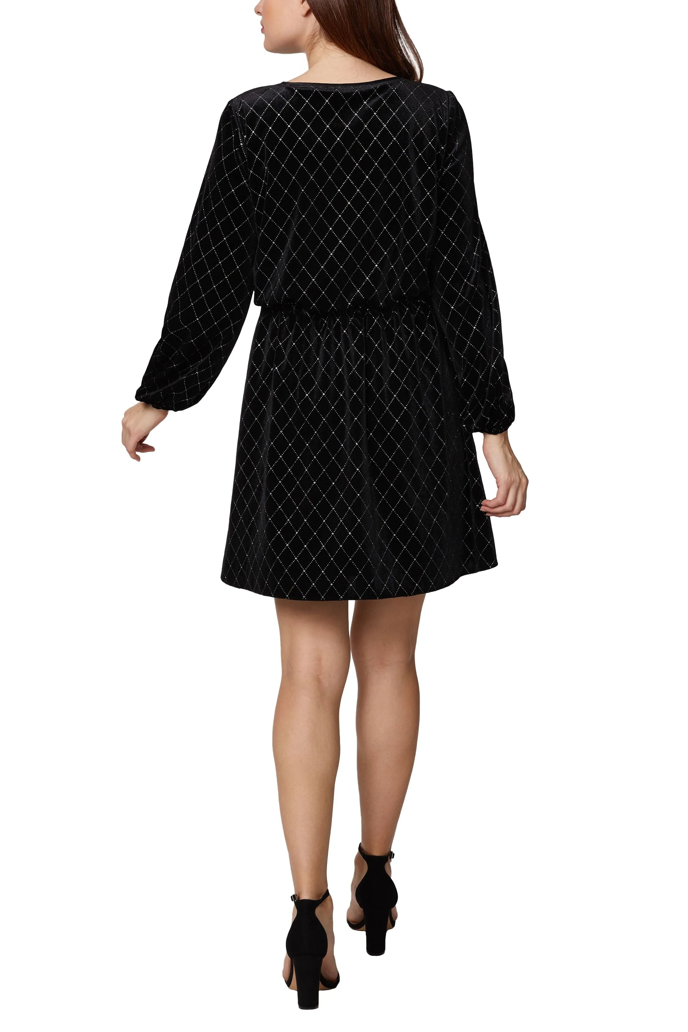 Sage Collective Keyhole Tie Scoop Neck Long Sleeve Blouson Grid Glitter Velvet Dress