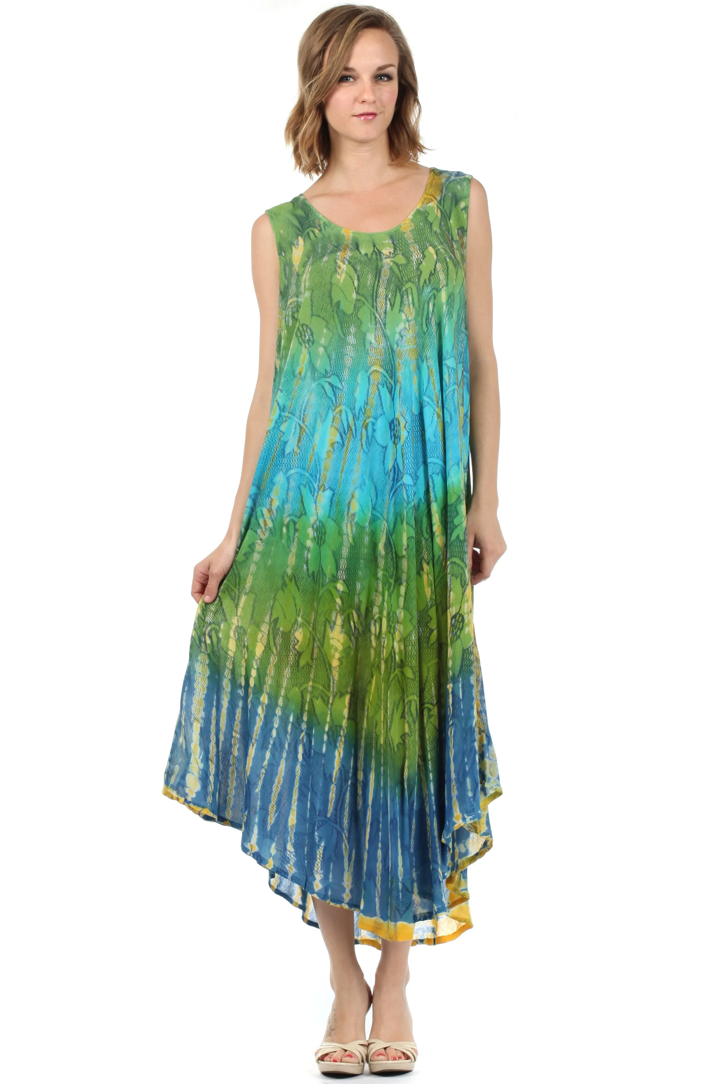 Sakkas Ombre Floral Tie Dye Tank Sheath Caftan Rayon Dress