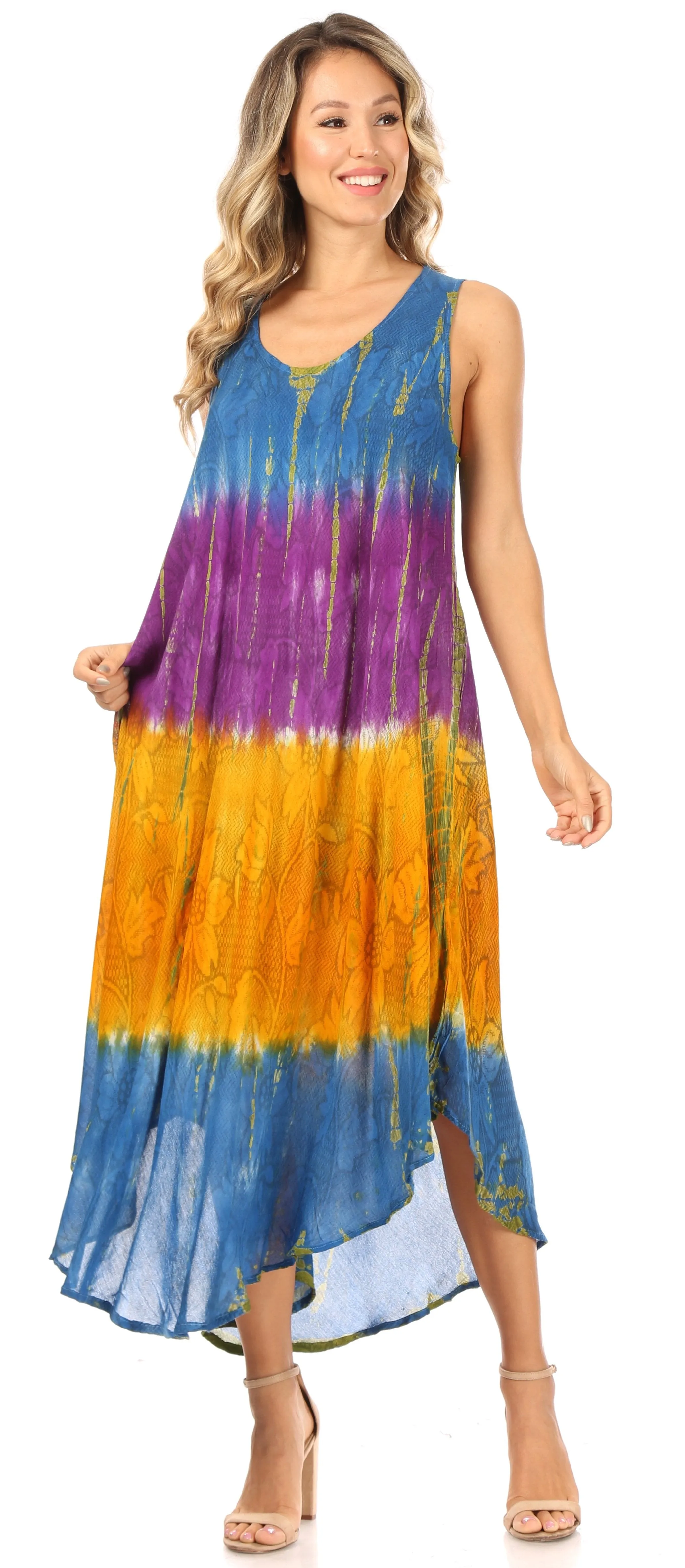 Sakkas Ombre Floral Tie Dye Tank Sheath Caftan Rayon Dress