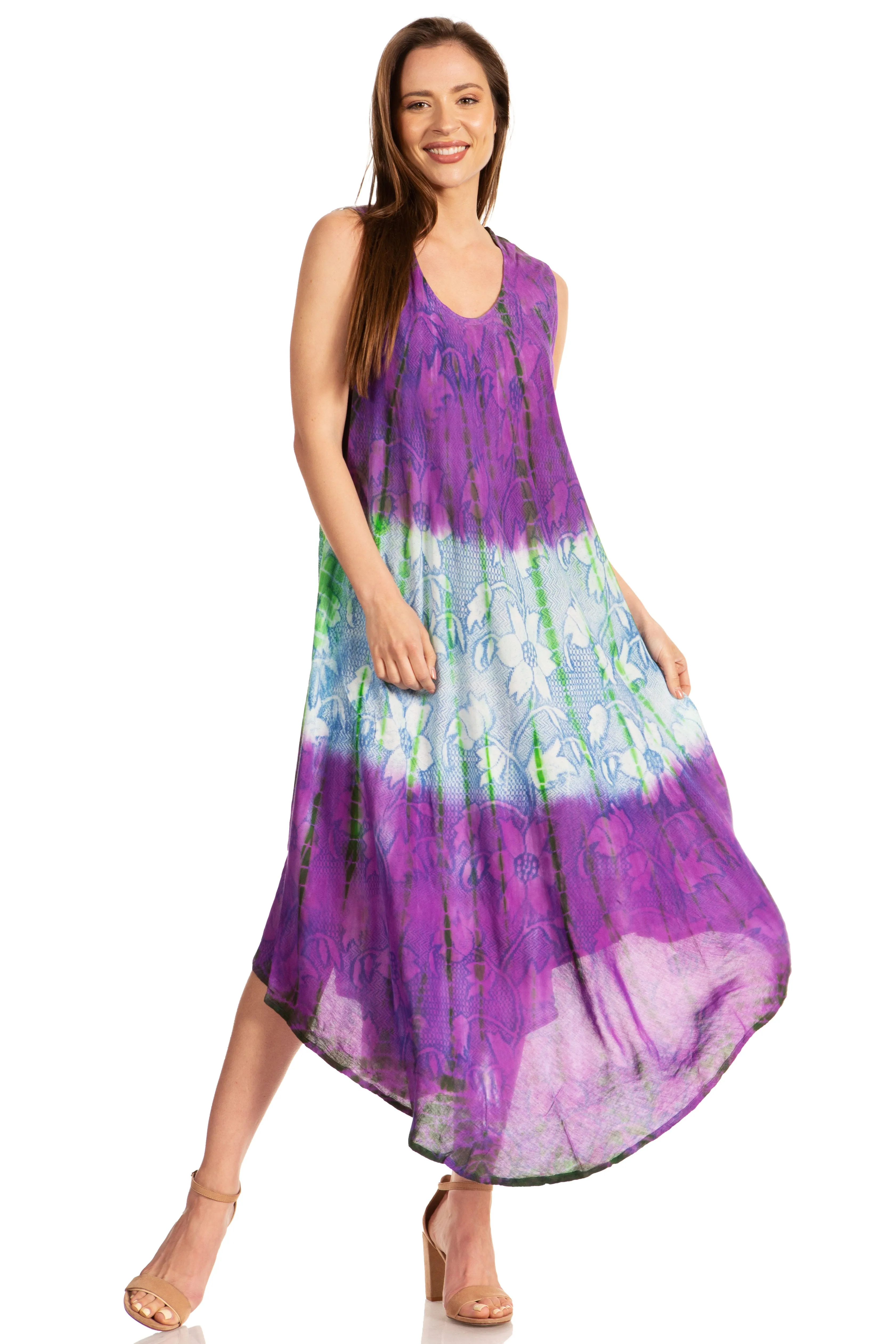 Sakkas Ombre Floral Tie Dye Tank Sheath Caftan Rayon Dress