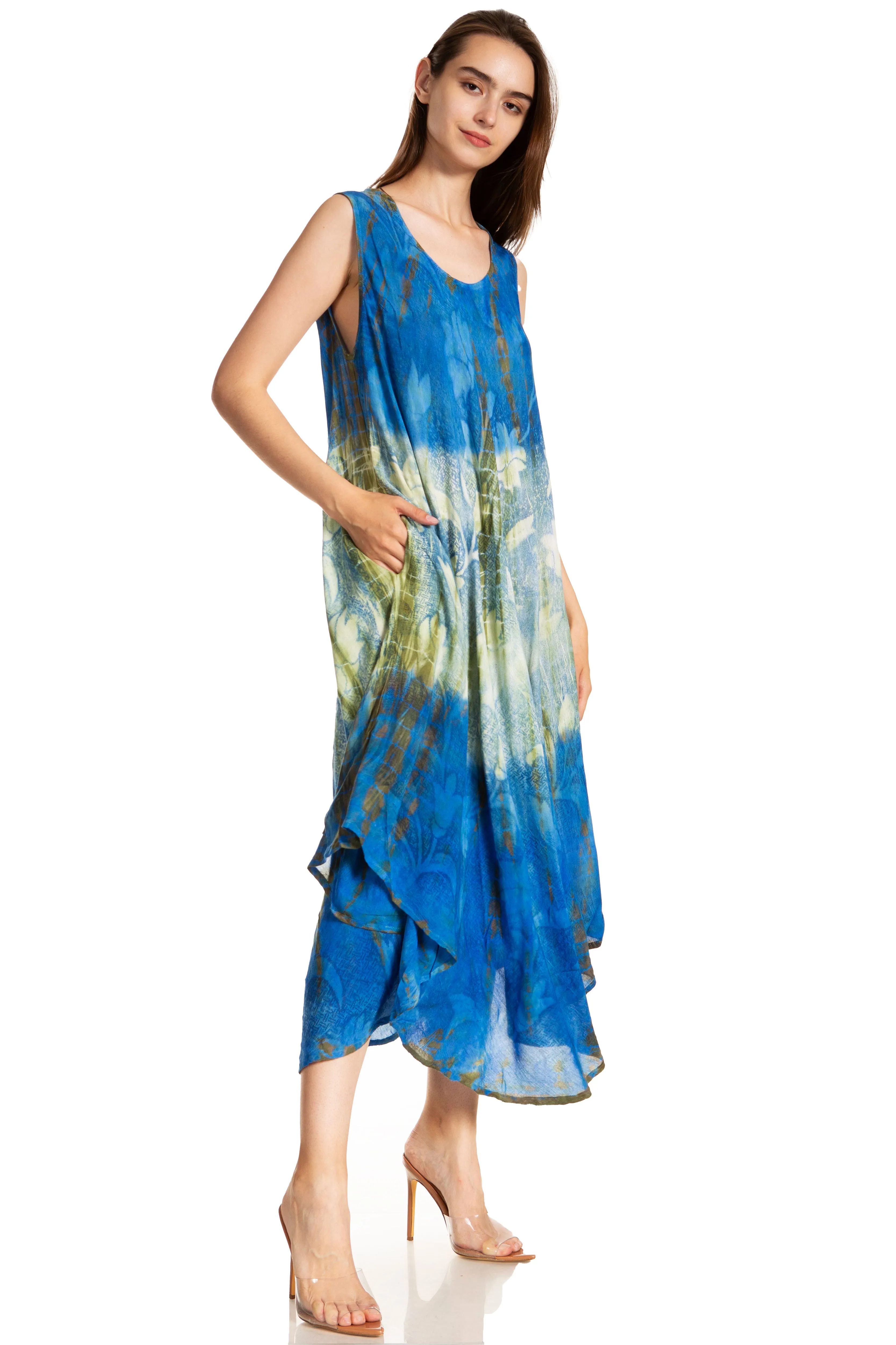 Sakkas Ombre Floral Tie Dye Tank Sheath Caftan Rayon Dress