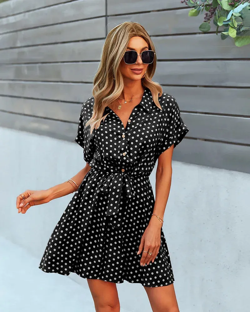 Sale Polka Dot Print Summer Dress Women Beach Short Sleeve Midi Dress Office Lady Casual Dresses Korean Fashion Lace Up 2024