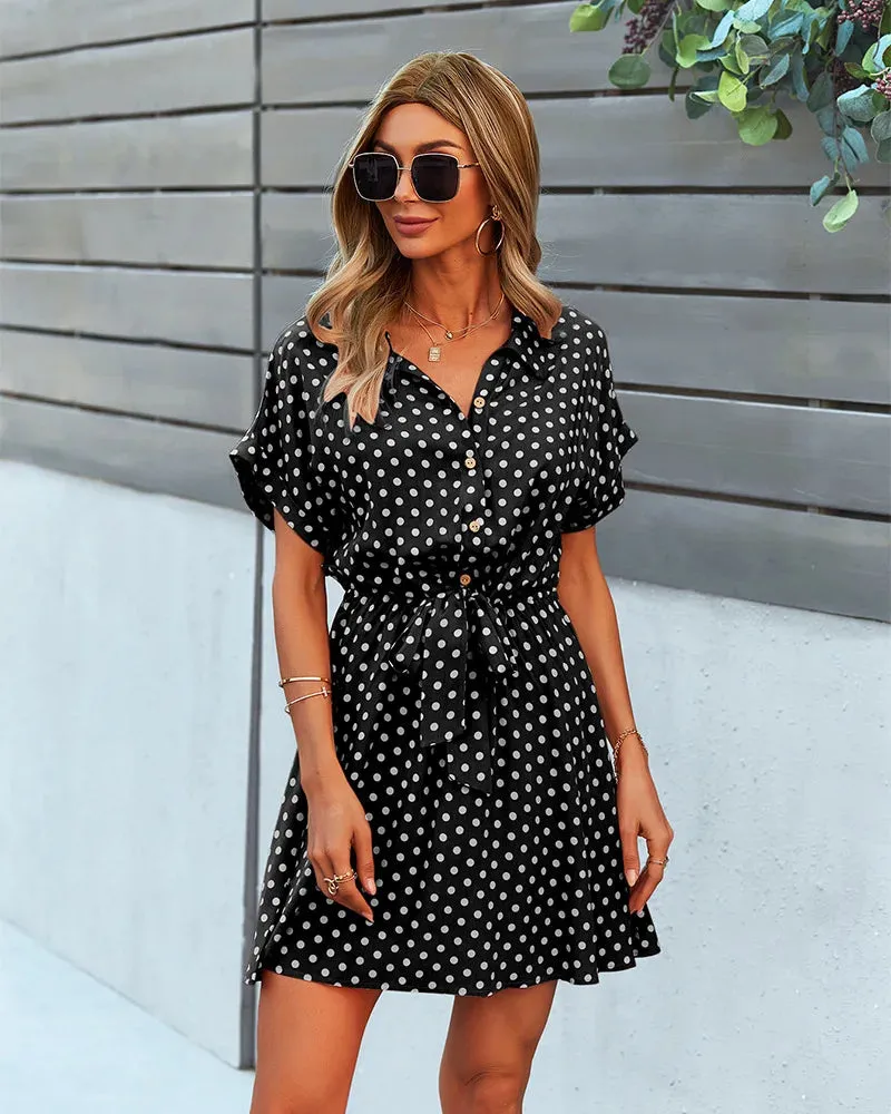 Sale Polka Dot Print Summer Dress Women Beach Short Sleeve Midi Dress Office Lady Casual Dresses Korean Fashion Lace Up 2024