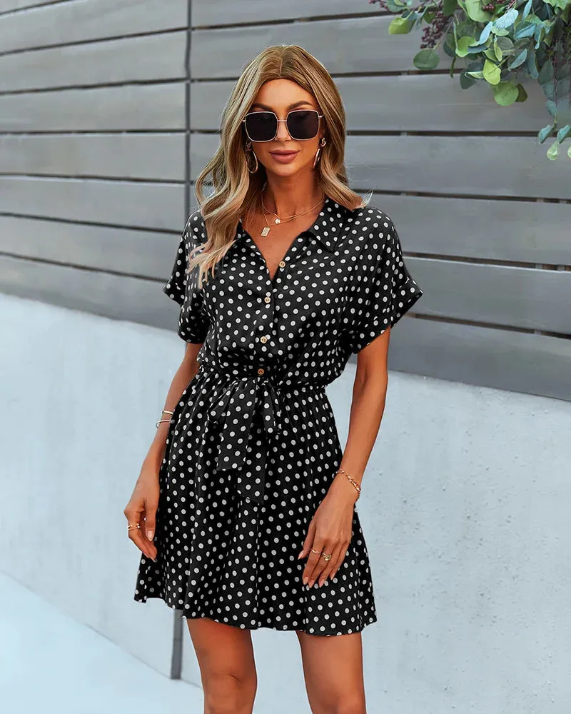 Sale Polka Dot Print Summer Dress Women Beach Short Sleeve Midi Dress Office Lady Casual Dresses Korean Fashion Lace Up 2024