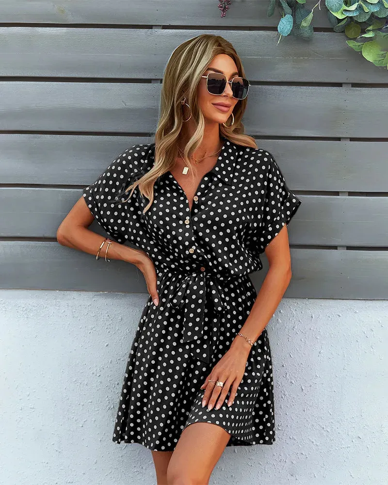 Sale Polka Dot Print Summer Dress Women Beach Short Sleeve Midi Dress Office Lady Casual Dresses Korean Fashion Lace Up 2024